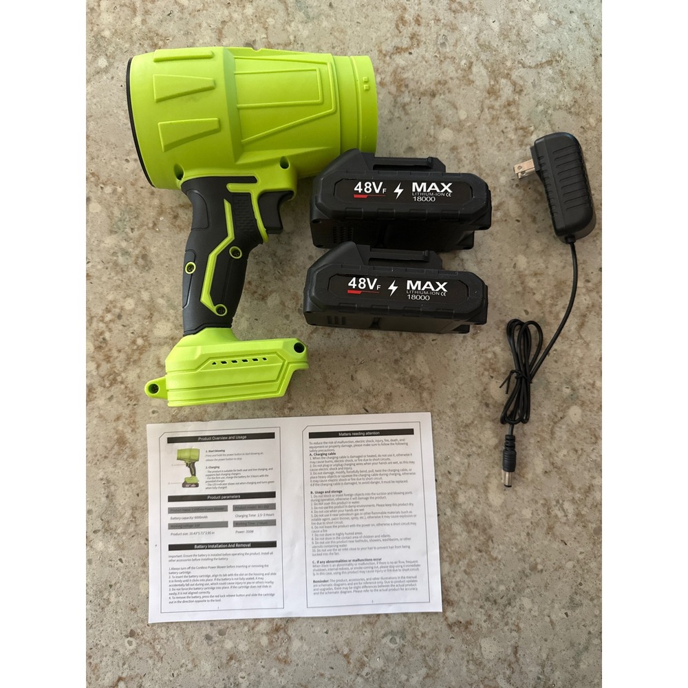Cordless Power Blower WJ-001 Lime Green 21V 300W with 2 48Vf Max Batteries